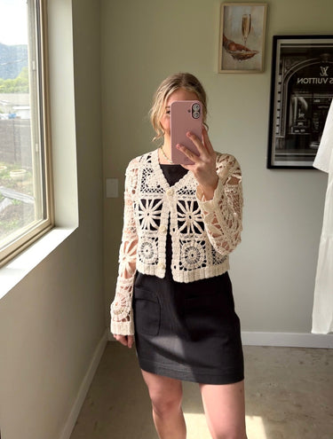 Black Tape Embroided Square Pattern Cardigan