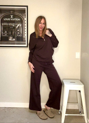 RD Style Seanni Soft Knit Half Zip Pullover In Chocolate and RD Style Prida Soft Knit Drawstring Pull-On Pants