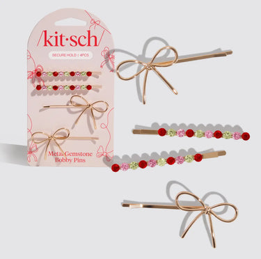 Kitsch Holiday Gemstone and Bow Bobby Pins 4 Piece Set with Red, Pink and Green Gemstones and gold bows.