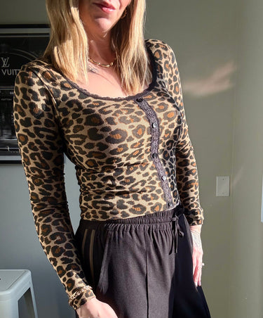 88 Leopard Print Lace Trim Long Sleeve