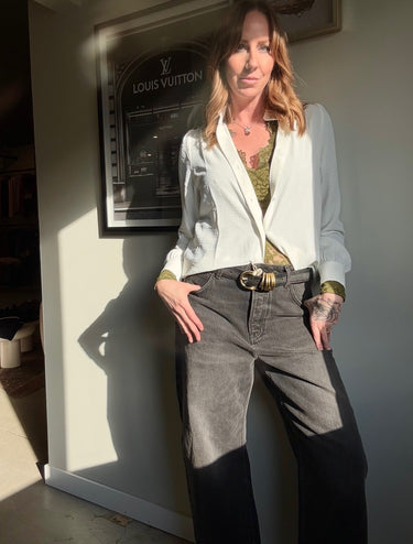 Black Tape Relaxed Button Front Flowy Blouse