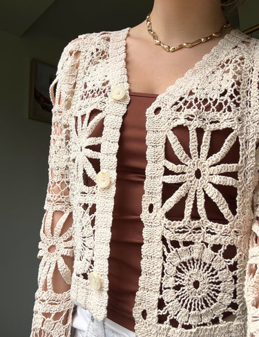 Black Tape Embroided Square Pattern Cardigan