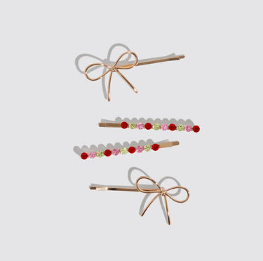 Kitsch Holiday Gemstone and Bow Bobby Pins 4 Piece Set with Red, Pink and Green Gemstones and gold bows.