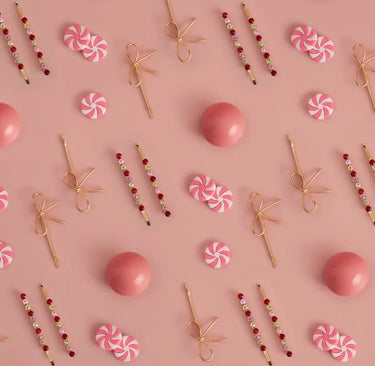 Kitsch Holiday Gemstone and Bow Bobby Pins 4 Piece Set with Red, Pink and Green Gemstones and gold bows.